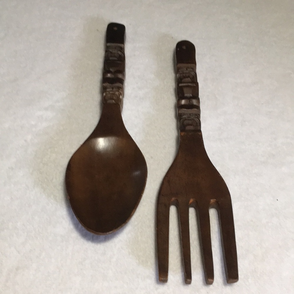 Vintage wooden carved tiki fork and spoon wall decor cottage core country decor